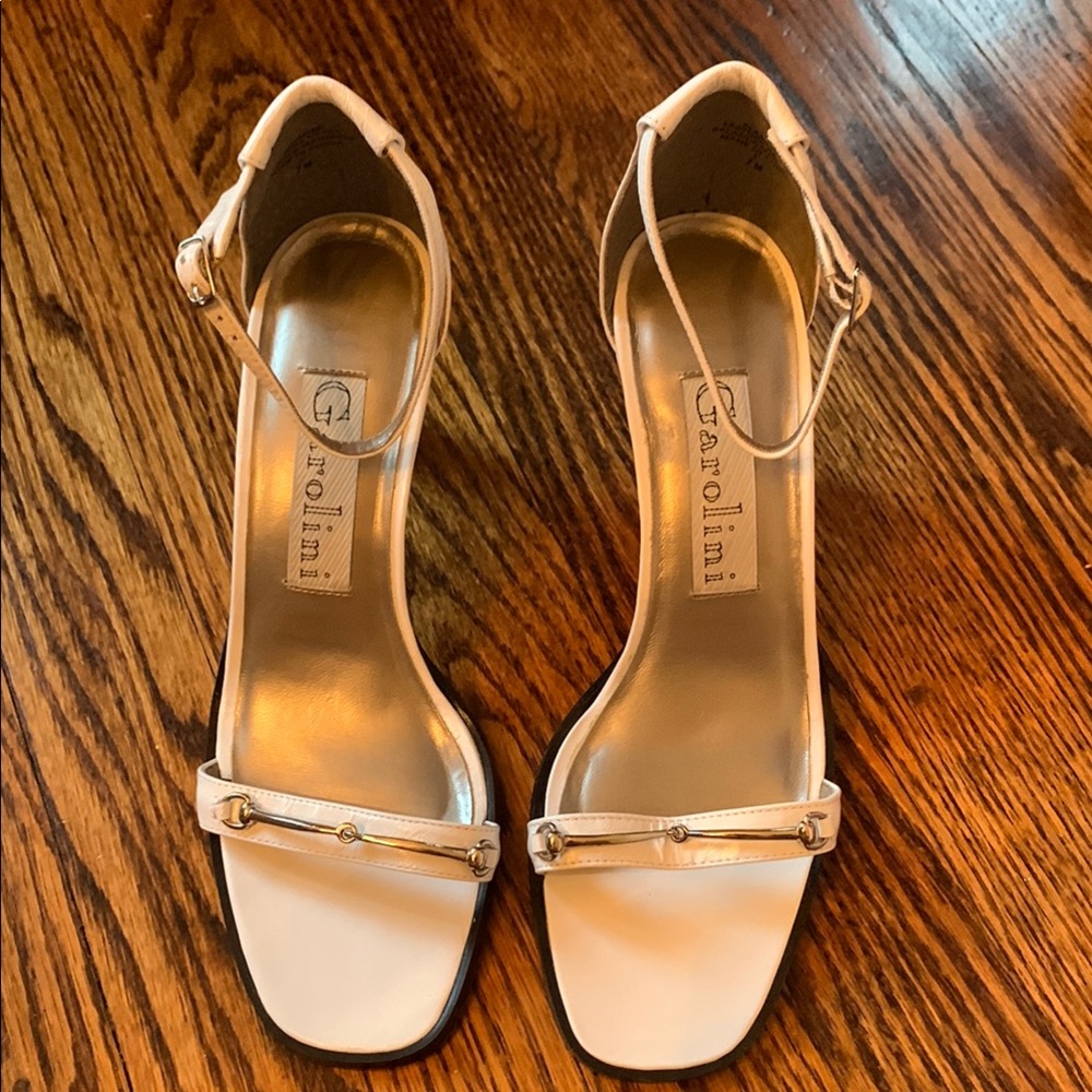 Vintage Garolini White Ankle-Strap Dress High Heels with Silver Buckle